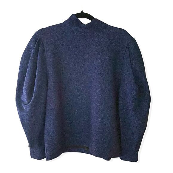 PatBo mock neck sweater sparkly lurex navy turtleneck knit top blouson sleeve M - Picture 3 of 10